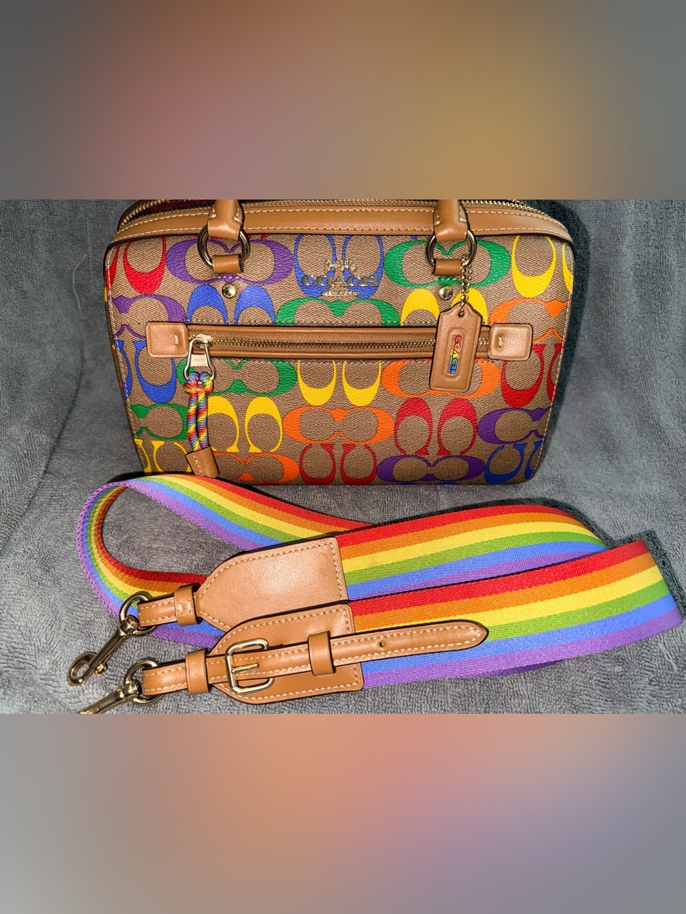 Coach Multicolor Signature Satchel with Rainbow Strap. AUTHENTIC GUARANTEED